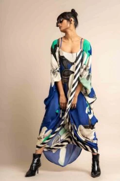 Cobalt Print On Crepe Gather Kite Jacket With Print On Satin Double Sack Dress -Ethereal Styles nkrs23005cblstr2