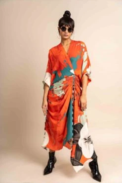 Tangerine Print On Crepe Wrap Dress