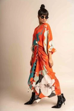 Tangerine Print On Crepe Wrap Dress -Ethereal Styles nkrs23007tng3