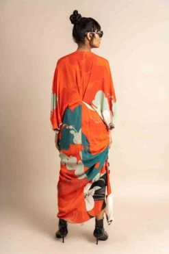 Tangerine Print On Crepe Wrap Dress -Ethereal Styles nkrs23007tngb