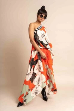 Tangerine Print On Crepe One Shoulder Sack Dress -Ethereal Styles nkrs23009tngstr2