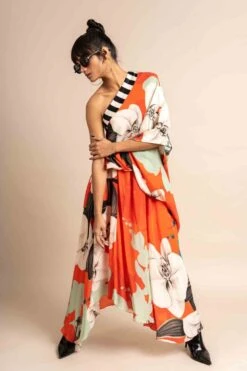 Tangerine Print On Crepe One Shoulder Sack Dress -Ethereal Styles nkrs23009tngstr3