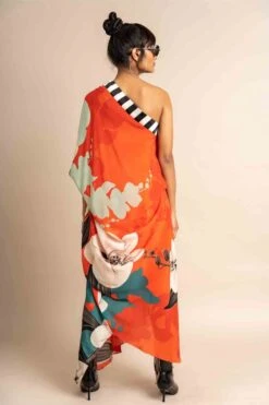 Tangerine Print On Crepe One Shoulder Sack Dress -Ethereal Styles nkrs23009tngstrb