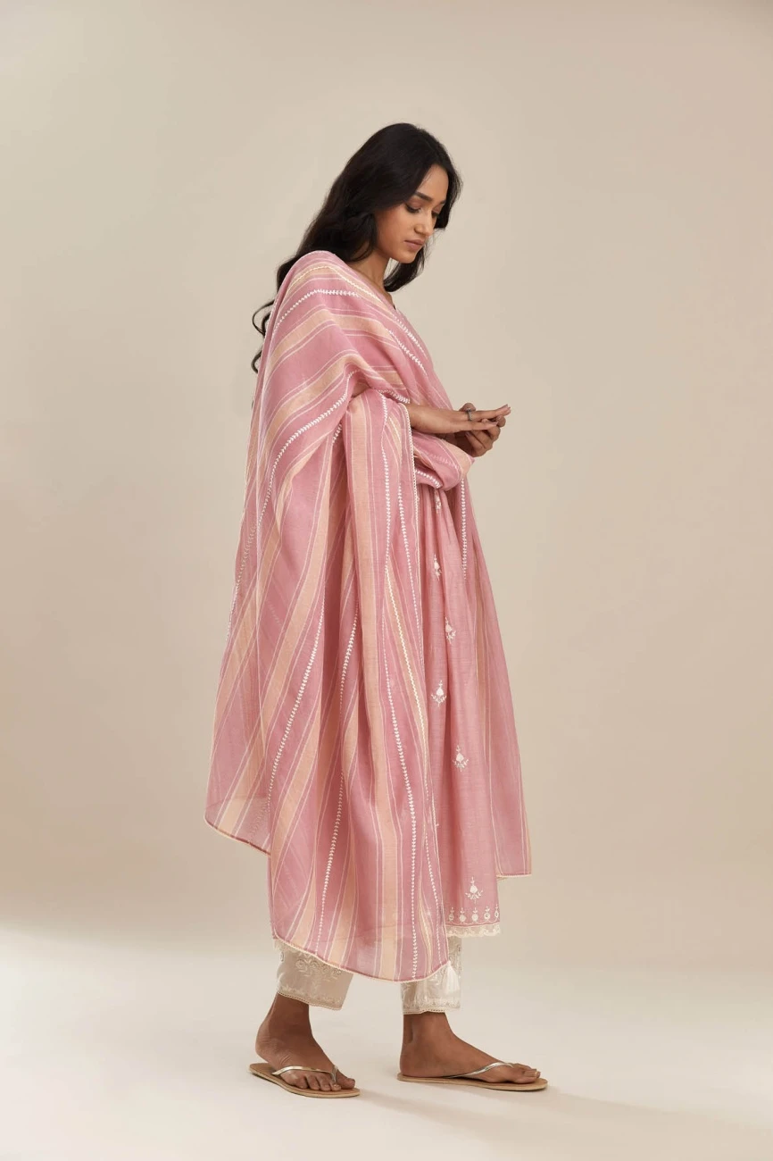 Cotton Chanderi Kurta Dress Set With All-Over Off White Silk Thread Embroidery 3 Cotton Chanderi Kurta Dress Set With All-Over Off White Silk Thread Embroidery