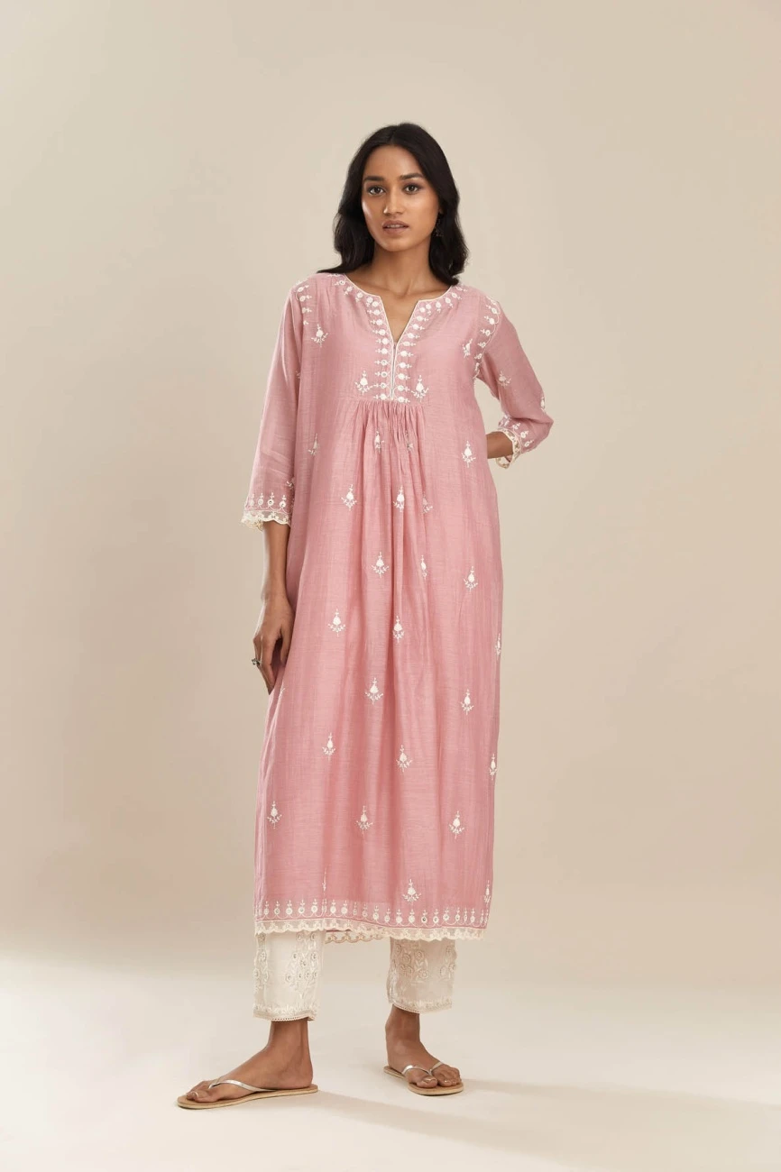 Cotton Chanderi Kurta Dress Set With All-Over Off White Silk Thread Embroidery 4 Cotton Chanderi Kurta Dress Set With All-Over Off White Silk Thread Embroidery - Image 2