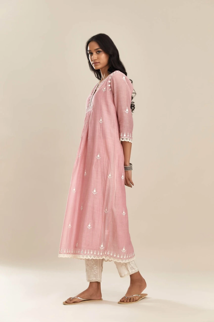 Cotton Chanderi Kurta Dress Set With All-Over Off White Silk Thread Embroidery 6 Cotton Chanderi Kurta Dress Set With All-Over Off White Silk Thread Embroidery - Image 4
