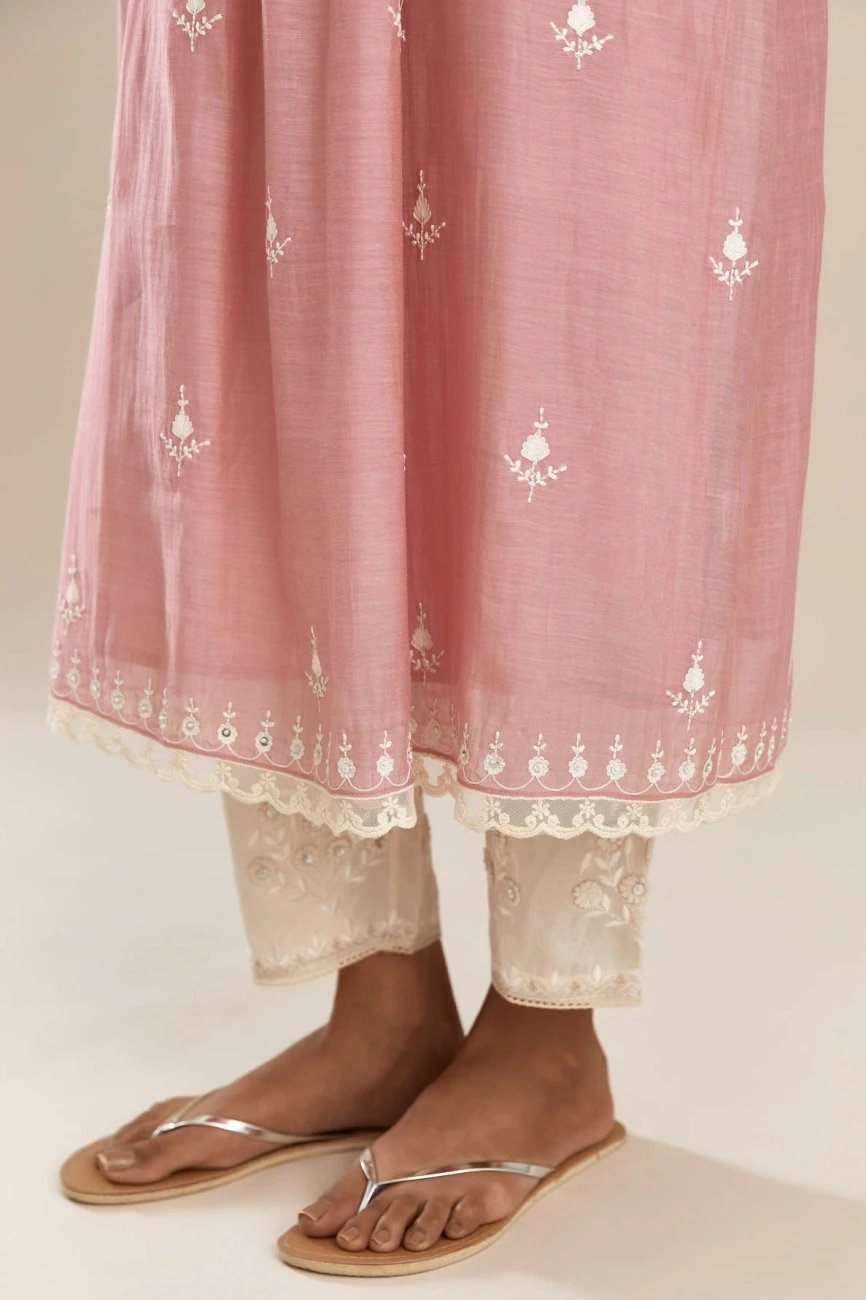 Cotton Chanderi Kurta Dress Set With All-Over Off White Silk Thread Embroidery 7 Cotton Chanderi Kurta Dress Set With All-Over Off White Silk Thread Embroidery - Image 5