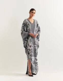Black And White Kaftan Dress In Cotton -Ethereal Styles omdrflr033