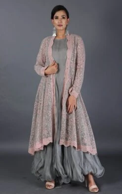 Grey Baloon Dress With Cross Stitch Embroidered Jacket Cape