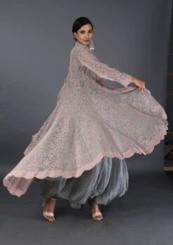 Grey Baloon Dress With Cross Stitch Embroidered Jacket Cape -Ethereal Styles omiwkb22cd013