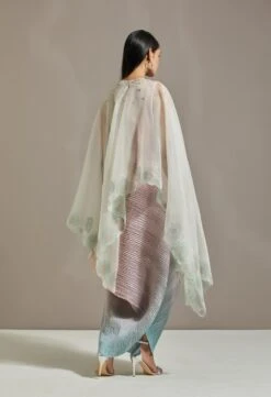 Pink Organza Printed Cape With Dress -Ethereal Styles omiwkros05b