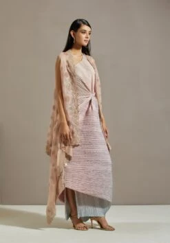 Peach Organza Cape With Dress -Ethereal Styles omiwkros093