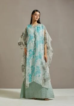 Powder Blue Organza Printed Cape With Dress