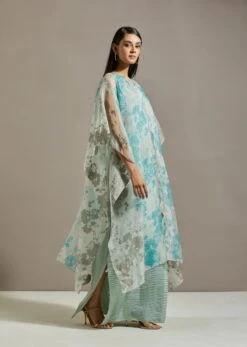 Powder Blue Organza Printed Cape With Dress -Ethereal Styles omiwkros153