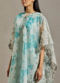 Powder Blue Organza Printed Cape With Dress -Ethereal Styles omiwkros156
