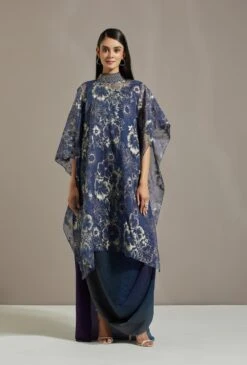Dark Blue Organza Printed Cape With Dress