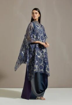 Dark Blue Organza Printed Cape With Dress -Ethereal Styles omiwkros263