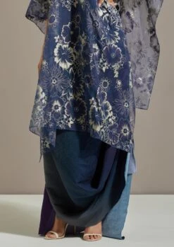 Dark Blue Organza Printed Cape With Dress -Ethereal Styles omiwkros266