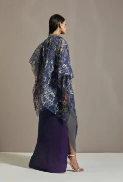 Dark Blue Organza Printed Cape With Dress -Ethereal Styles omiwkros26b