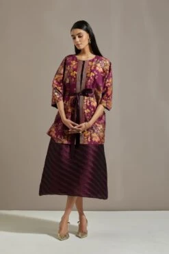 Wine Chanderi Cape With Dress