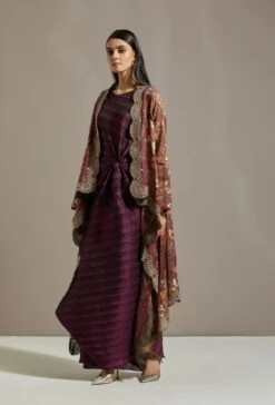 Wine Tissue Cape With Dress -Ethereal Styles omiwkros363