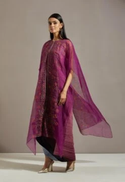 Wine Organza Printed Cape With Dress -Ethereal Styles omiwkros382