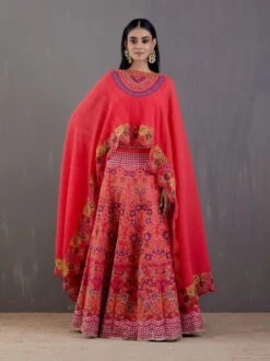 Ferrari Red Crinkle Georgette Cape With Dress