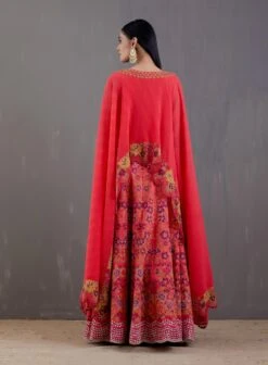 Ferrari Red Crinkle Georgette Cape With Dress -Ethereal Styles omiwob21107 b