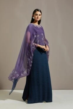 Blue Organza Printed Cape With Dress -Ethereal Styles omiwob21cap353