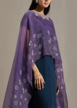 Blue Organza Printed Cape With Dress -Ethereal Styles omiwob21cap355