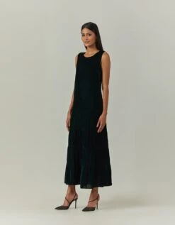 Bottle Green Tiered Velvet Dress -Ethereal Styles omwvel22dra022