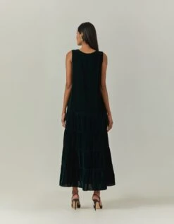 Bottle Green Tiered Velvet Dress -Ethereal Styles omwvel22dra02b
