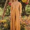 Mustard Front Open Maxi Dress With Marodi Highlighted Yoke Paired With Pants -Ethereal Styles pbwf71a 1 1