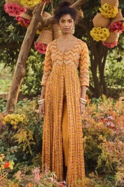 Mustard Front Open Maxi Dress With Marodi Highlighted Yoke Paired With Pants