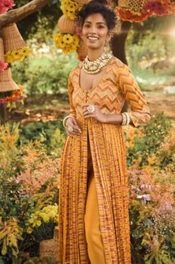Mustard Front Open Maxi Dress With Marodi Highlighted Yoke Paired With Pants -Ethereal Styles pbwf71a 3