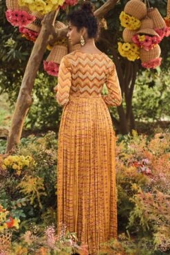 Mustard Front Open Maxi Dress With Marodi Highlighted Yoke Paired With Pants -Ethereal Styles pbwf71a b 1