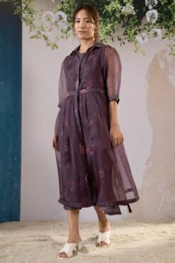 Lavender Rosette Print Dress And Gathered Jacket Set