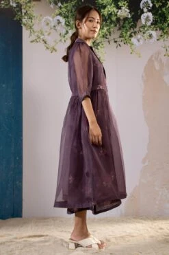 Lavender Rosette Print Dress And Gathered Jacket Set -Ethereal Styles pf23jd263