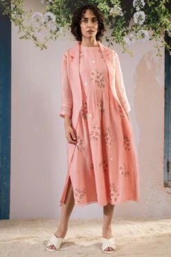 Pink Dahlia Print Gathered Dress And Jacket Set