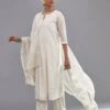 Off White Silk Chanderi Straight Long Kurta Dress Set With Off-White Thread And Mirror Embroidery -Ethereal Styles pg181