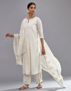 Off White Silk Chanderi Straight Long Kurta Dress Set With Off-White Thread And Mirror Embroidery