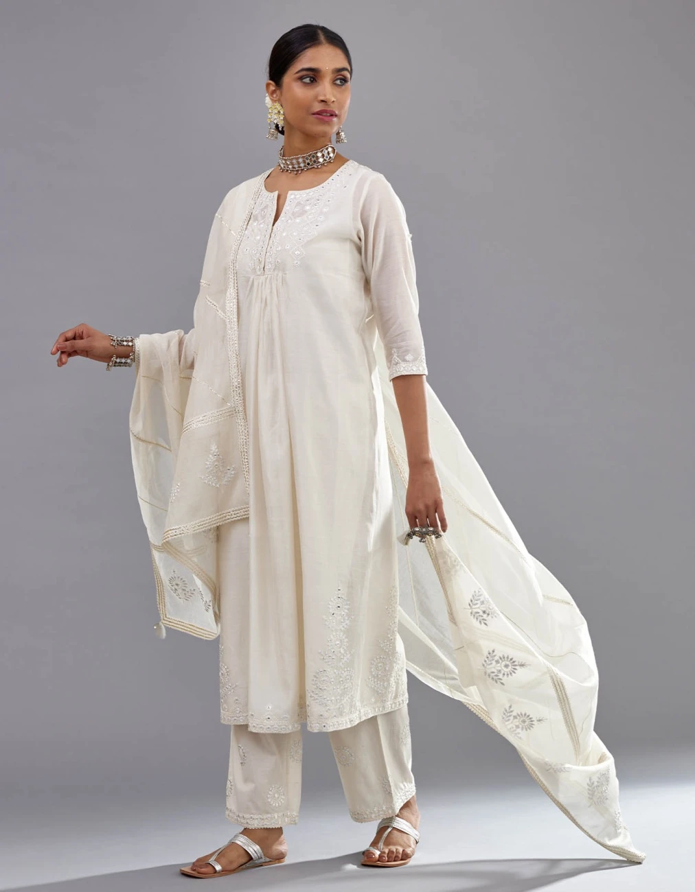 Off White Silk Chanderi Straight Long Kurta Dress Set With Off-White Thread And Mirror Embroidery 3 Off White Silk Chanderi Straight Long Kurta Dress Set With Off-White Thread And Mirror Embroidery