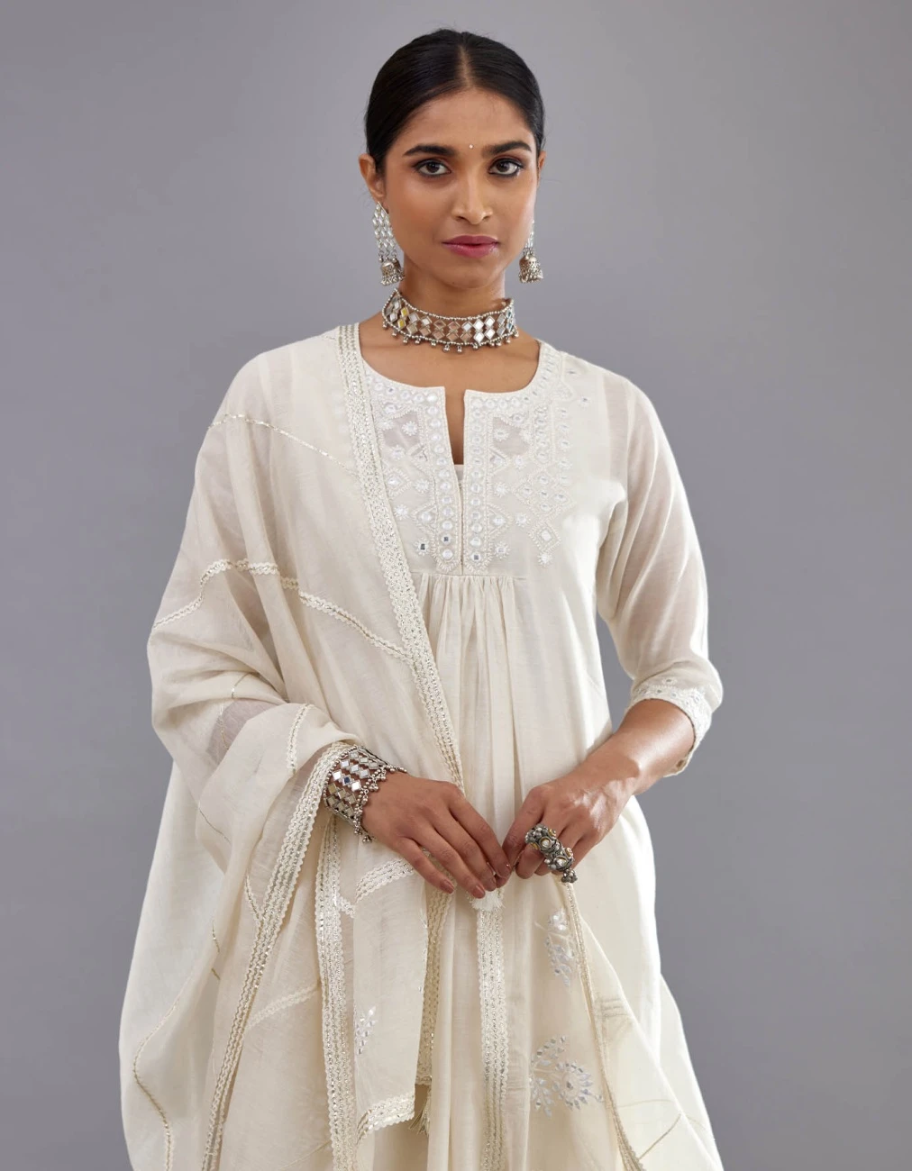 Off White Silk Chanderi Straight Long Kurta Dress Set With Off-White Thread And Mirror Embroidery 4 Off White Silk Chanderi Straight Long Kurta Dress Set With Off-White Thread And Mirror Embroidery - Image 2
