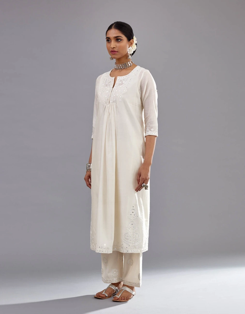 Off White Silk Chanderi Straight Long Kurta Dress Set With Off-White Thread And Mirror Embroidery 5 Off White Silk Chanderi Straight Long Kurta Dress Set With Off-White Thread And Mirror Embroidery - Image 3