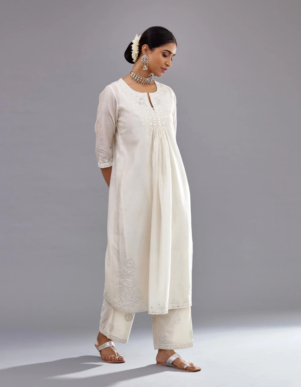 Off White Silk Chanderi Straight Long Kurta Dress Set With Off-White Thread And Mirror Embroidery 6 Off White Silk Chanderi Straight Long Kurta Dress Set With Off-White Thread And Mirror Embroidery - Image 4