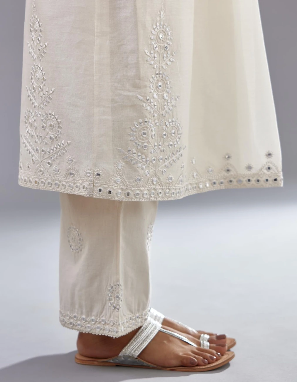Off White Silk Chanderi Straight Long Kurta Dress Set With Off-White Thread And Mirror Embroidery 8 Off White Silk Chanderi Straight Long Kurta Dress Set With Off-White Thread And Mirror Embroidery - Image 6