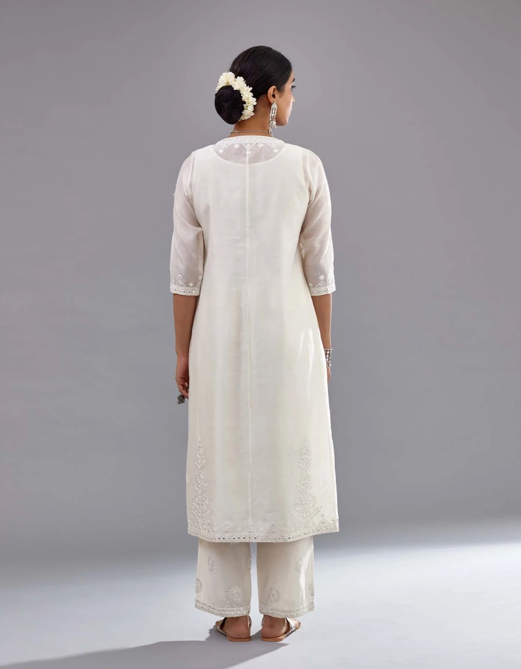 Off White Silk Chanderi Straight Long Kurta Dress Set With Off-White Thread And Mirror Embroidery 9 Off White Silk Chanderi Straight Long Kurta Dress Set With Off-White Thread And Mirror Embroidery - Image 7