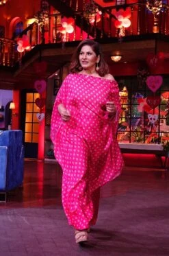 Rani Pink Butti Printed One Shoulder Dress With Pants