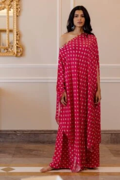 Rani Pink Butti Printed One Shoulder Dress With Pants -Ethereal Styles ph1493 1