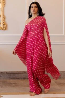 Rani Pink Butti Printed One Shoulder Dress With Pants -Ethereal Styles ph1493 2